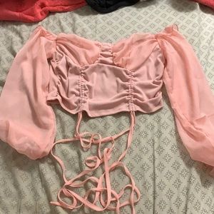 Pink off shoulder rushed drawstring knot crop top